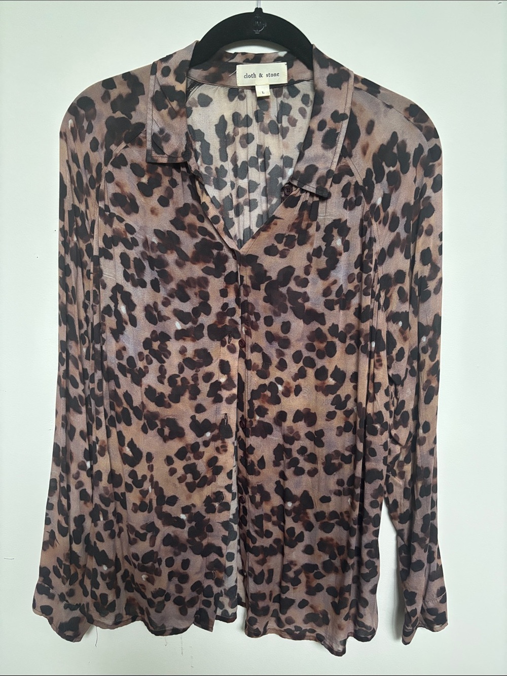 cloth & stone Taupe and Black Leopard-Print Button Front Blouse
